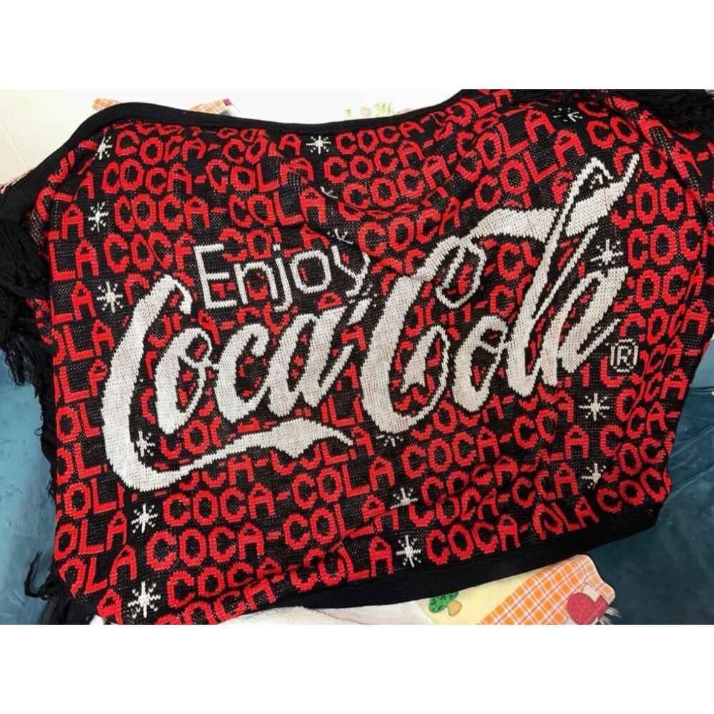Vintage 80s Coca Cola Woven Throw Blanket- Knit Tapestry- Fringe- 60” X 44”